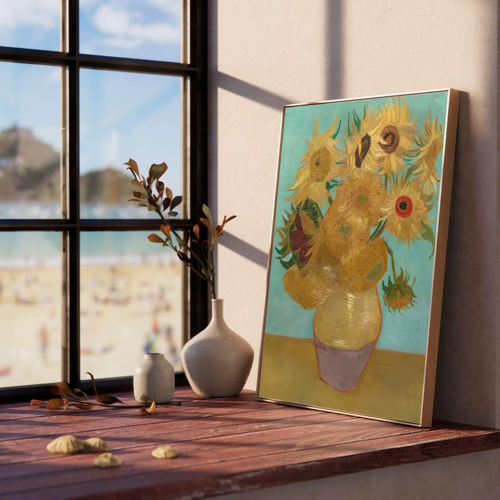 Classical floral ceramic vase print of Vincent van Gogh Sunflowers on Blue 1888 capturing a bouquet in Arles France. Select custom framed wall art, unframed paper poster prints, or gallery canvas formats at MapYourDreams for a polished fine art gallery wall display.