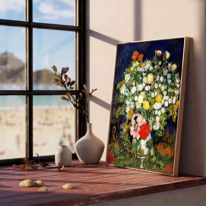 Classical floral ceramic vase print of Vincent van Gogh Vase With Flowers 1890 capturing a dense bouquet in Auvers-sur-Oise France. Select custom framed wall art, unframed paper poster prints, or gallery canvas formats at MapYourDreams for a polished fine art gallery wall display.
