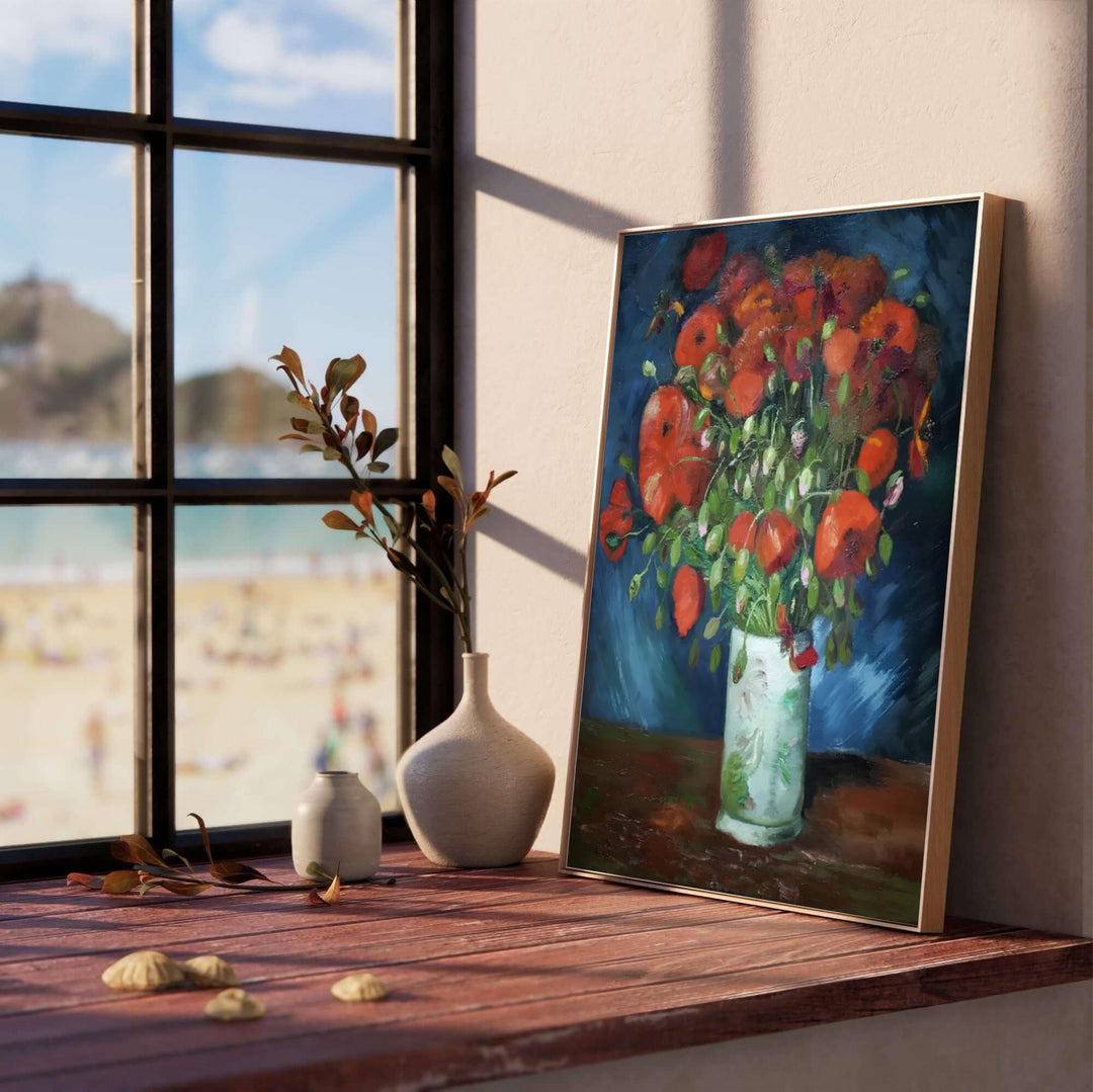 Classical red poppy flower vase print of Vincent van Gogh Vase With Red Poppies 1886 capturing a dense bouquet in Paris France. Select custom framed wall art, unframed paper poster prints, or gallery canvas formats at MapYourDreams for a cohesive fine art gallery display.