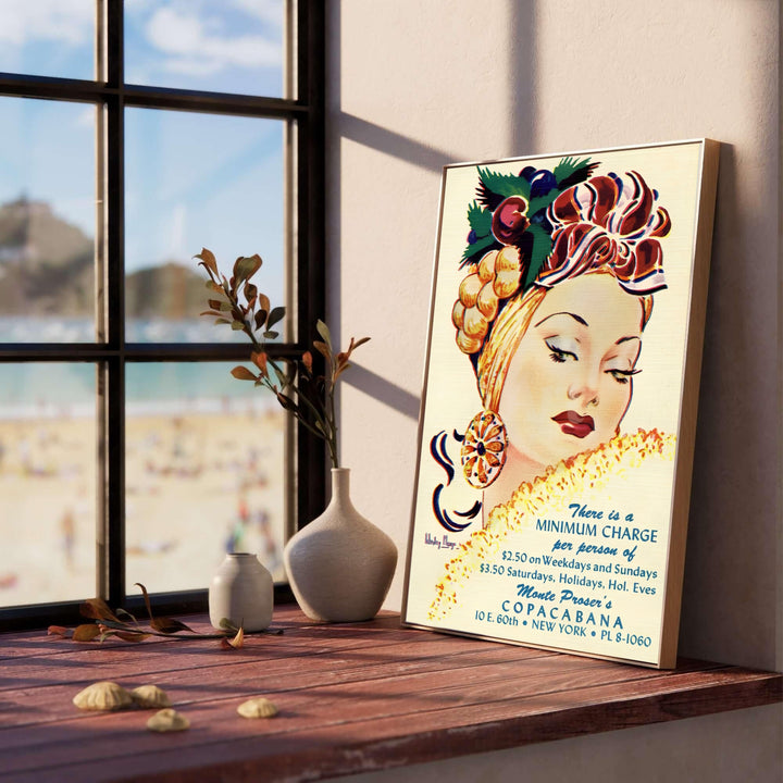Historical Copacabana venue poster from 10 East 60th Street New York showcasing vintage cabaret illustration aesthetics, available from MapYourDreams as an unframed print, gallery wrapped canvas decor, or custom framed print in pure gold and silver finishes for vintage home bars.