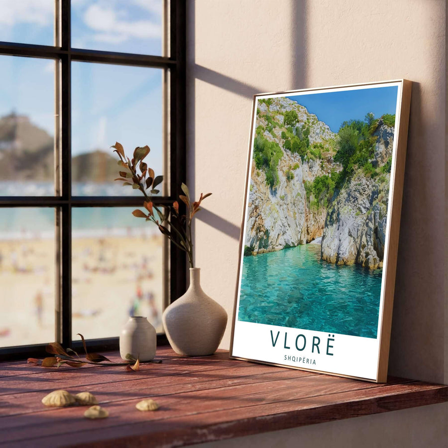 Vibrant turquoise waves and sunlit rock formations line the foreground of the Ionian cove, creating a classic European nature poster for modern living rooms. Offered in versatile formats including unframed art paper, custom wood framing, and stretched canvas wraps to elevate your space.