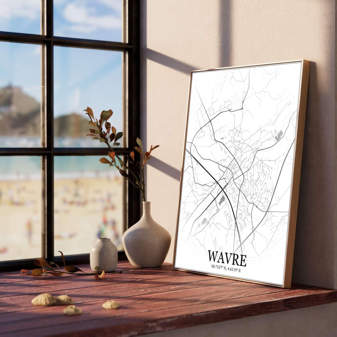 Minimalist black line vector map poster of Wavre, Belgium, set against a pristine white backdrop for modern living room or home office decor. Offered by MapYourDreams, this artwork is available in flexible options including unframed paper, custom wooden frames, and gallery canvas wraps.