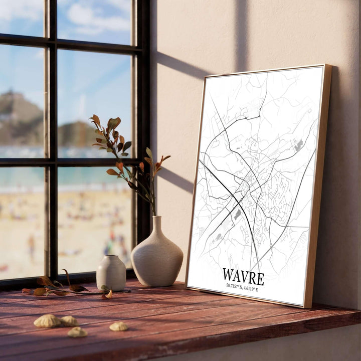 Minimalist black line vector map poster of Wavre, Belgium, set against a pristine white backdrop for modern living room or home office decor. Offered by MapYourDreams, this artwork is available in flexible options including unframed paper, custom wooden frames, and gallery canvas wraps.