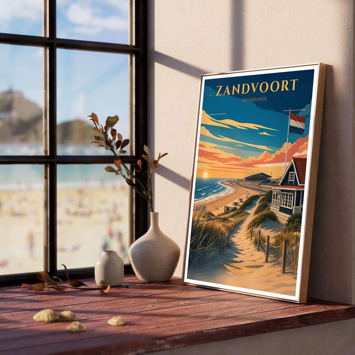 Mid-century vector travel print of Zandvoort Netherlands capturing a fiery sunset over ocean waves, dune grass, and beach cabins, presented by MapYourDreams where options include a high-quality unframed poster, a stretched gallery canvas, or a custom framed art piece made for sunrooms.