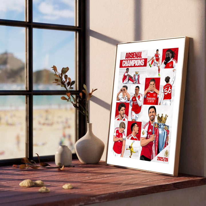 Vibrant red and white Arsenal FC 25/26 title triumph wall art featuring squad portraits at Emirates Stadium, available as unframed prints, framed options, or canvas for home styling.