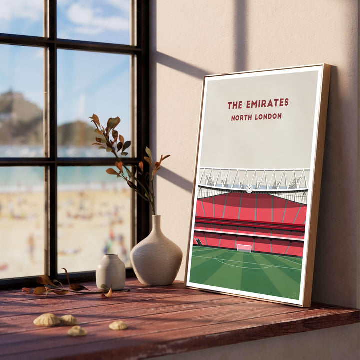 Detailed Arsenal home venue travel print capturing the iconic Emirates Stadium Clock End in North London, available as unframed prints, framed wall decor, or stretched canvas format.
