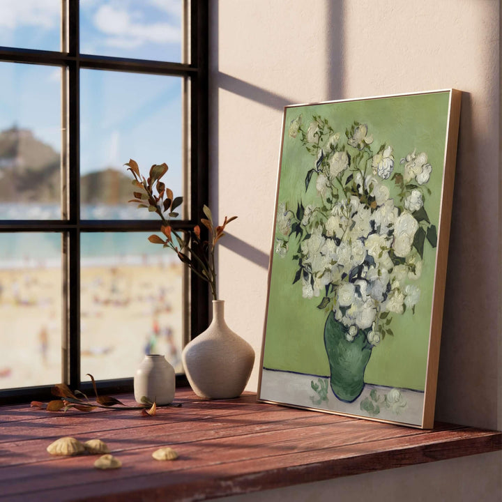 Impressionist still life poster print of Vincent van Gogh Roses 1890 showcasing soft green contrast in Saint-Remy-de-Provence France. MapYourDreams features high-quality framed wall decor, unframed prints, and stretched canvas options ideal for modern interior wall decoration.