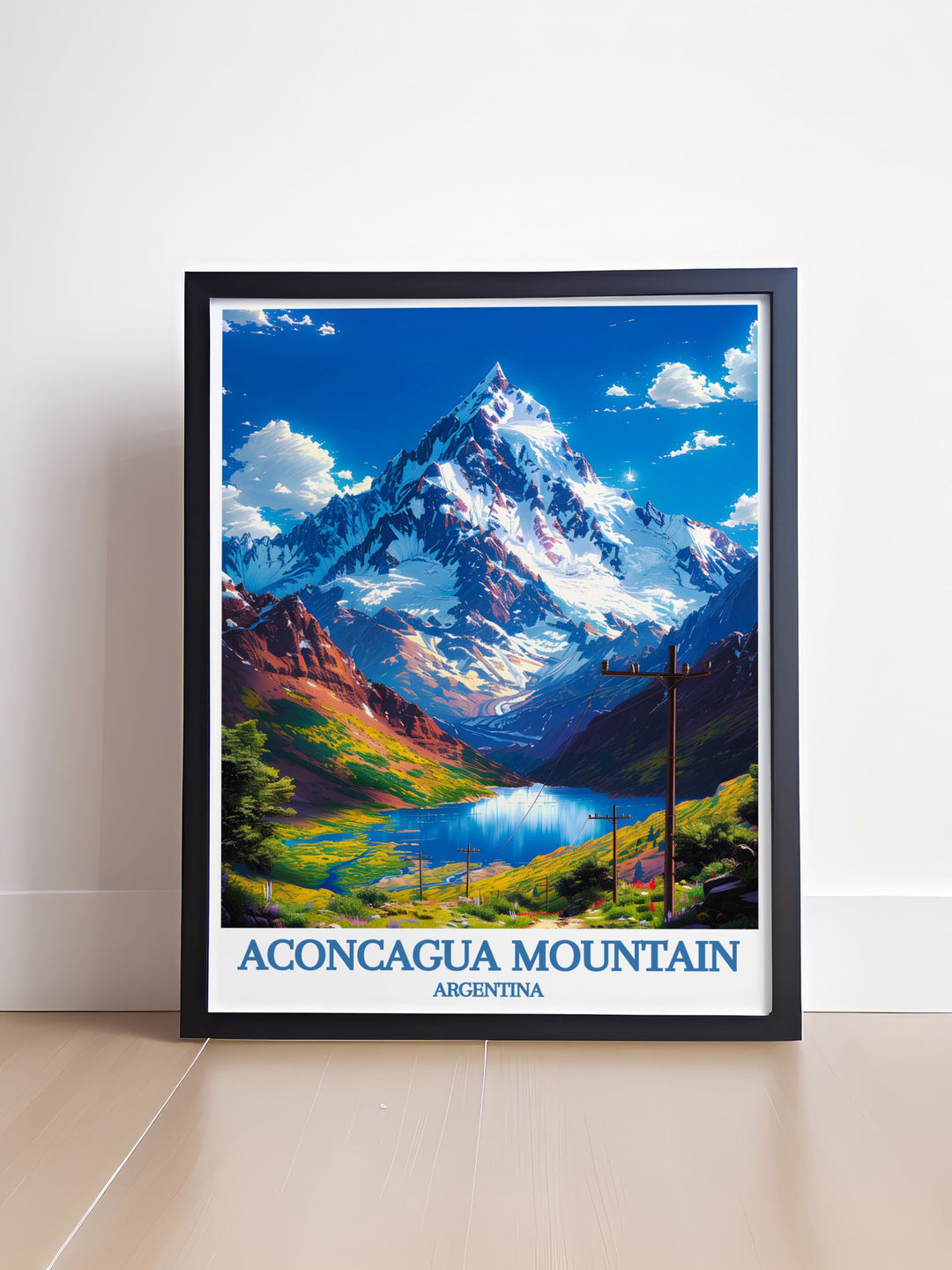 Experience the grandeur of Aconcagua Mountain with this retro travel poster featuring the Andes Range and the scenic landscapes of Mendoza Argentina.