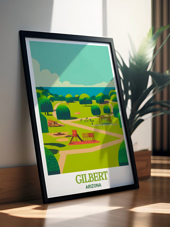 This canvas art print of Gilbert, Arizona, highlights Freestone Park and its natural beauty. Whether youre looking to decorate your living room or searching for a travel gift, this Arizona poster captures the charm of the states picturesque landscapes.