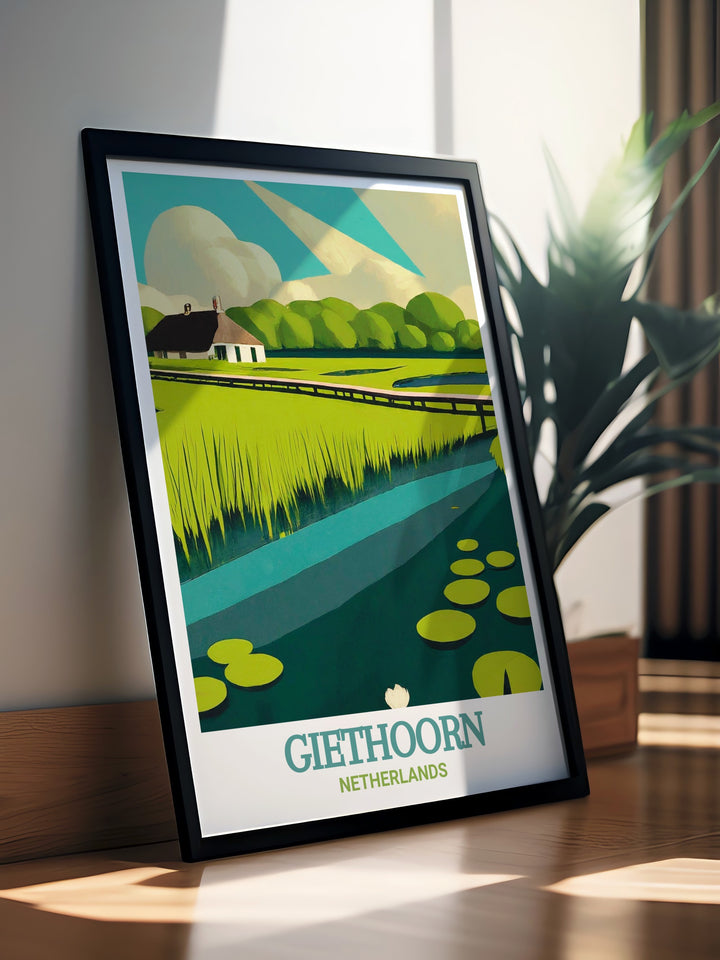 Netherlands wall art featuring Giethoorn, a village known for its beautiful canals, and the lush landscapes of Weerribben Wieden National Park. This print brings the serene beauty of the Netherlands into your home, perfect for creating a relaxing and picturesque atmosphere.