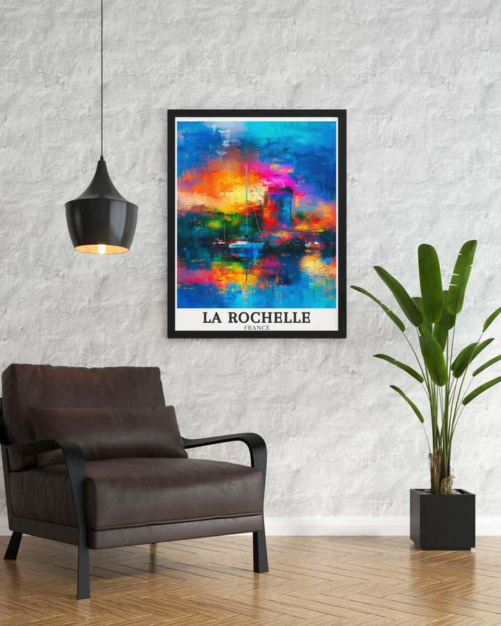 Detailed La Rochelle print featuring the imposing Chain Tower at the entrance of the Old Port. The artwork highlights the historic significance of these landmarks, offering a perfect representation of La Rochelles rich cultural heritage, ideal for France wall art enthusiasts