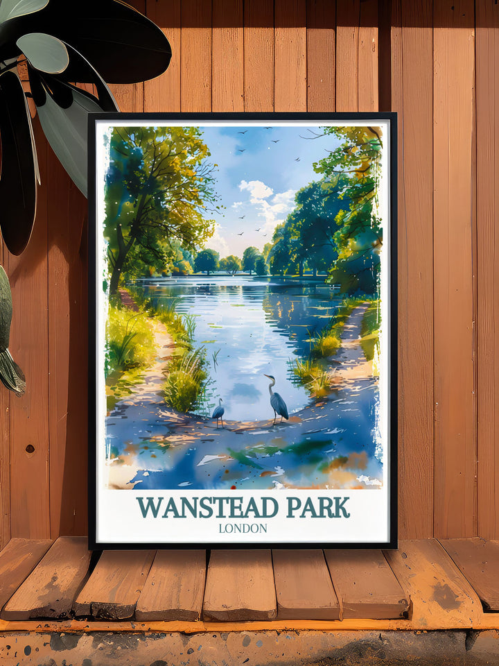 Captivating Wanstead Park modern art print depicting the parks tranquil woodlands and vibrant flora. Perfect for nature lovers and art enthusiasts who want to celebrate the beauty of East London parks.