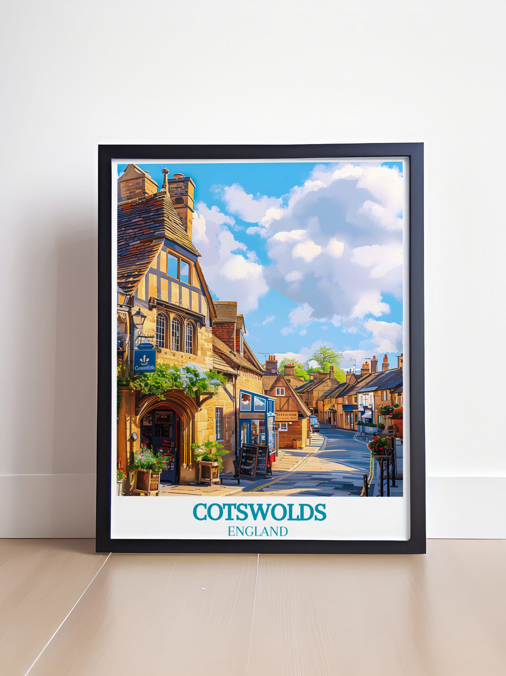 Bring the essence of the Cotswolds into your home with this beautiful travel poster of Chipping Campden, showcasing its serene landscapes and charming village scenes, perfect for adding a touch of rural elegance.