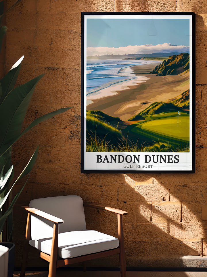 A framed art poster of Bandon Dunes capturing the natural beauty of the cliffs and golf course with archival quality prints, perfect for fans of golf resort art.