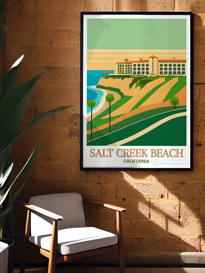 A vibrant print of Salt Creek Beach with the Ritz Carlton Laguna Niguel, this piece captures the tranquility and luxury of Southern California. The artworks rich colors and detailed scenery make it an ideal addition to your home or office decor.