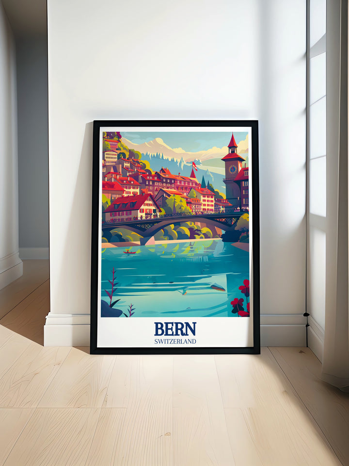 Bern poster print highlights the Nydegg Bridge and the picturesque Aare River, creating a stunning visual of Switzerlands capital. This travel print is perfect for those who want to bring the beauty of Bern into their home, making it a thoughtful and unique gift.