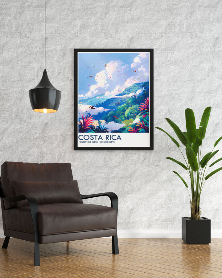 Bring the mystical charm of Monteverde Cloud Forest into your home with this exquisite travel poster. Showcasing the reserves breathtaking scenery and unique flora, this detailed art print is ideal for adding a touch of Costa Ricas natural beauty to your living space. A wonderful gift for travelers and nature lovers.