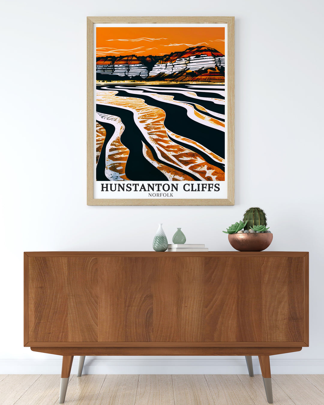 Hunstanton Cliffs travel poster offering a detailed view of one of Englands most iconic natural landmarks. This print highlights the bold, colorful cliffs against the backdrop of the North Sea, making it a stunning addition to any coastal lovers home.