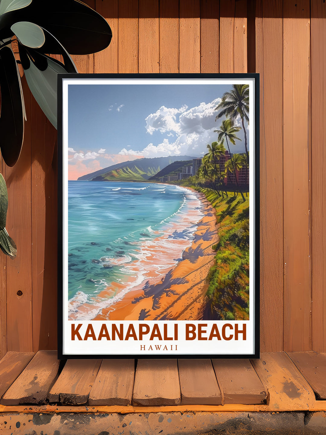 Maui travel print highlighting the stunning Kaanapali Beach, known for its idyllic sunsets and tranquil waters. This canvas art reflects the serene charm of Hawaiis natural beauty, ideal for beach lovers and those who appreciate the peaceful atmosphere of island life.