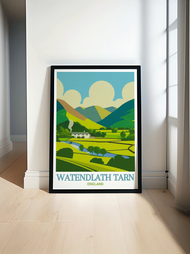 Borrowdale Valley in the Lake District highlighted in a vintage travel print showcasing the serene Watendlath Tarn and picturesque Watendlath Hamlet ideal for enhancing your home decor