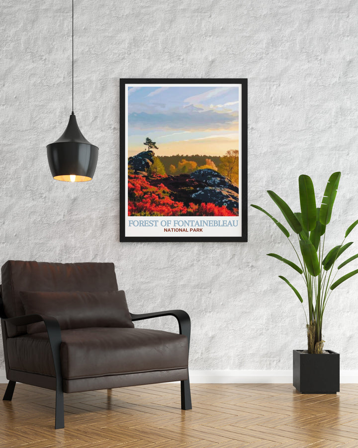 Fontainebleau travel art brings the peaceful beauty of one of Frances most famous landscapes into your home. The lush forests, towering trees, and tranquil paths create a timeless and serene addition to any space. Ideal for nature lovers and travelers, this piece captures the essence of the French countryside.