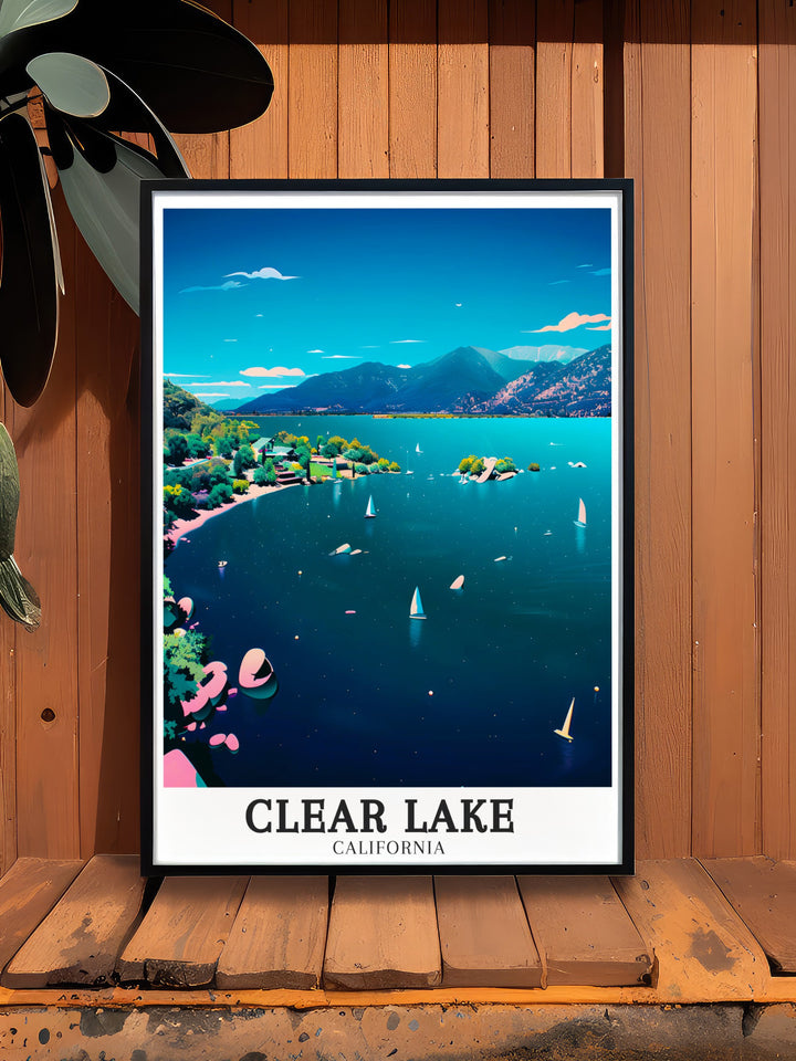 A detailed art print featuring Clear Lake, Clearlake Oaks, and the volcanic field, combining these three elements into one stunning piece of artwork. Perfect for California travelers and outdoor enthusiasts who want to capture the essence of the state.