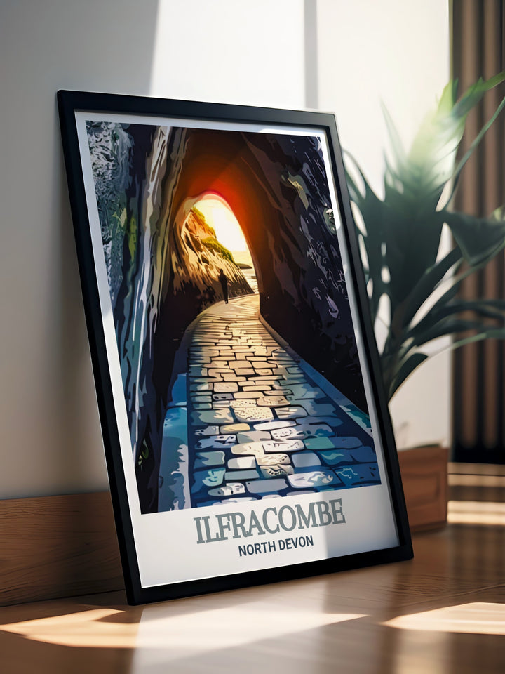 A vintage poster capturing the essence of Ilfracombes coastal charm, with a focus on the Tunnels Beaches and their rich history. This artwork is perfect for those who appreciate classic seaside destinations.