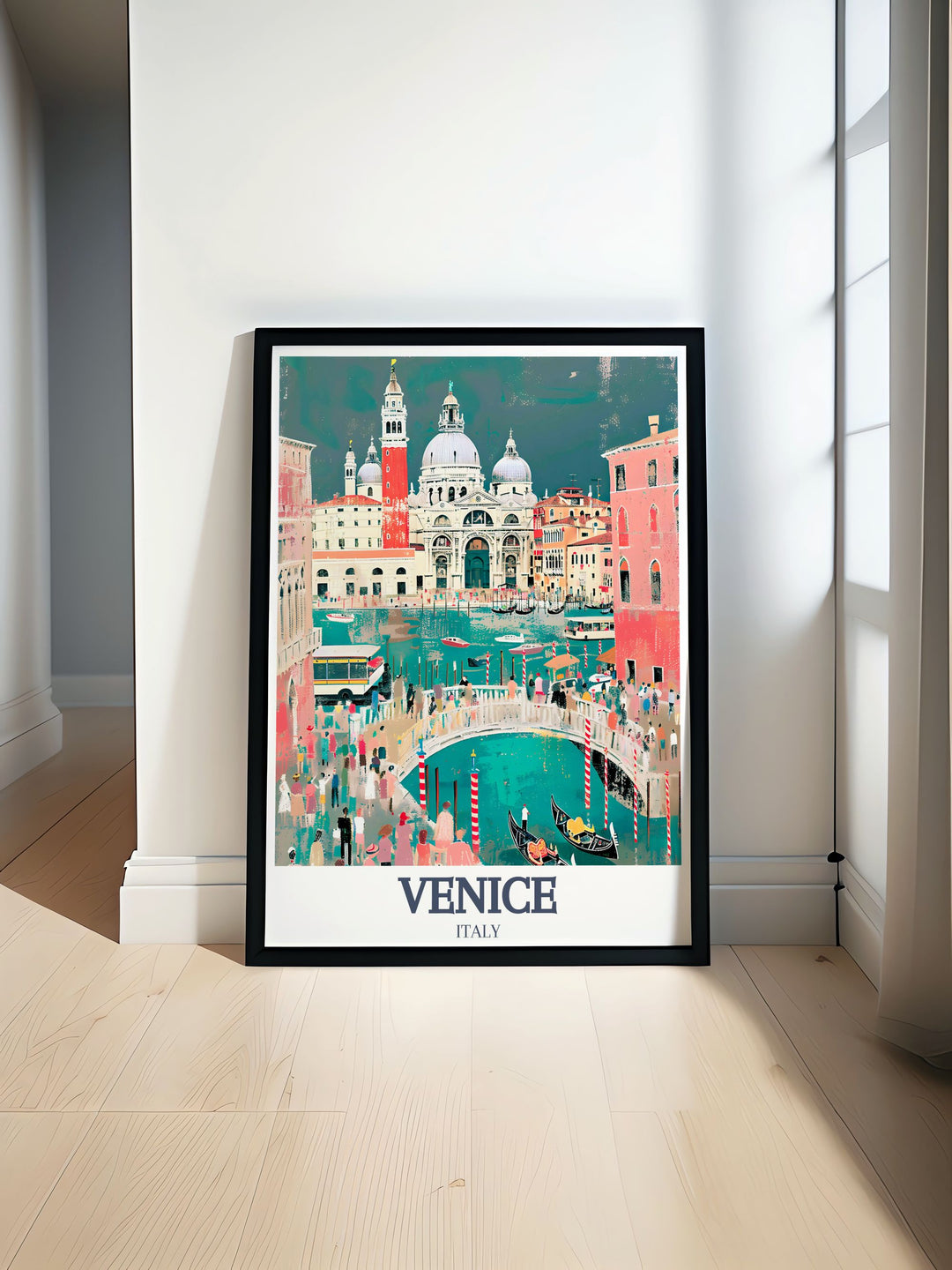 A vibrant Venice travel poster showcasing the iconic landmarks of St. Marks Square and Rialto Bridge. This print captures the grandeur of Venices historic architecture and the charm of its waterways, perfect for Italy lovers or those with Venice on their travel bucket list.