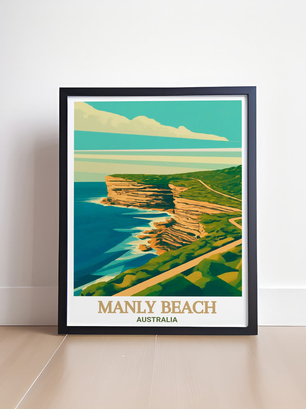 Celebrate the beauty of Manly Beach with this Manly Beach Travel Poster, featuring a sleek and modern interpretation of the famous beach and North Head Sanctuary. Perfect for home or office decor.