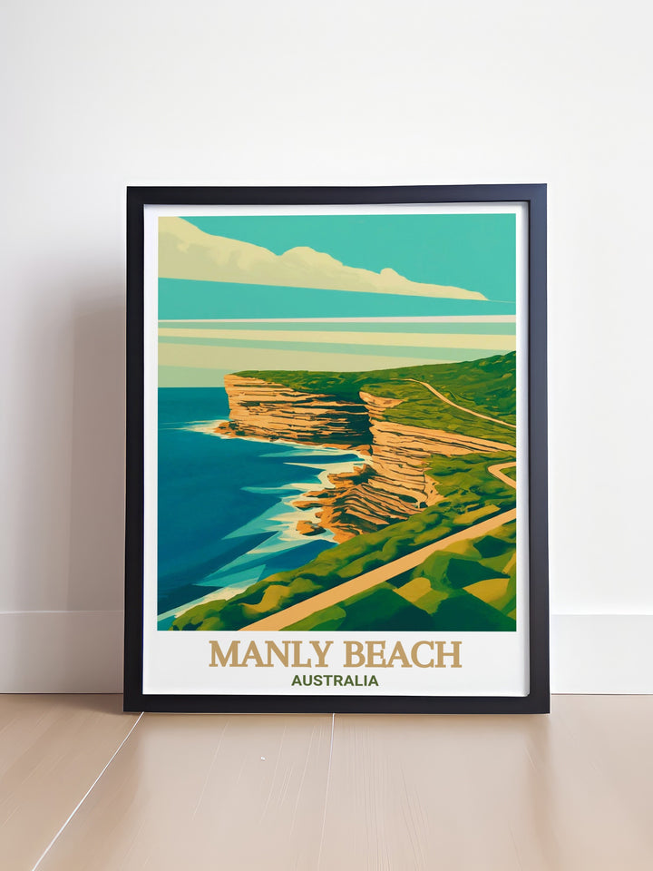 Celebrate the beauty of Manly Beach with this Manly Beach Travel Poster, featuring a sleek and modern interpretation of the famous beach and North Head Sanctuary. Perfect for home or office decor.