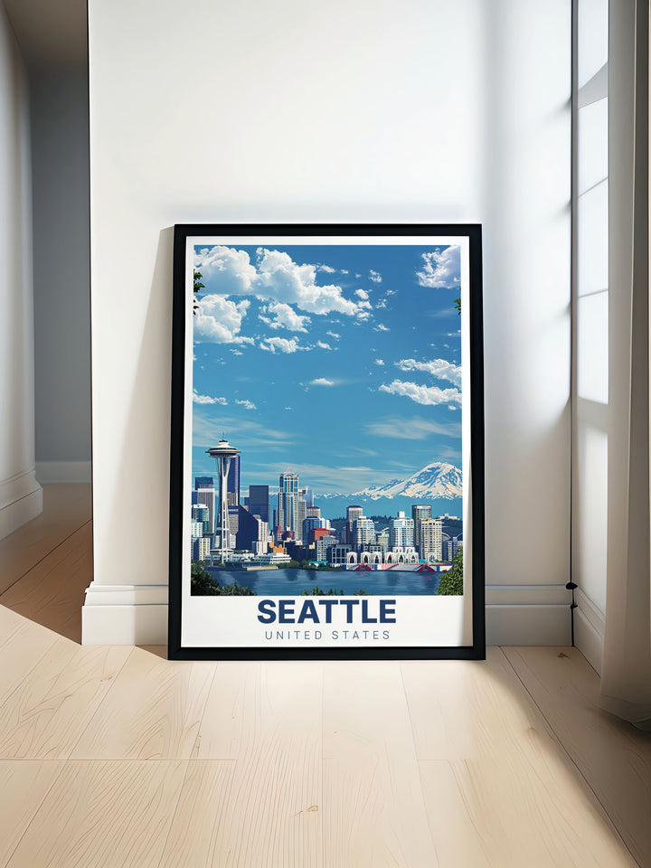 Skyline from Kerry Park Modern Print featuring the iconic Seattle skyline with a stunning cityscape view. Adds a sophisticated touch to home decor with its vibrant urban charm.