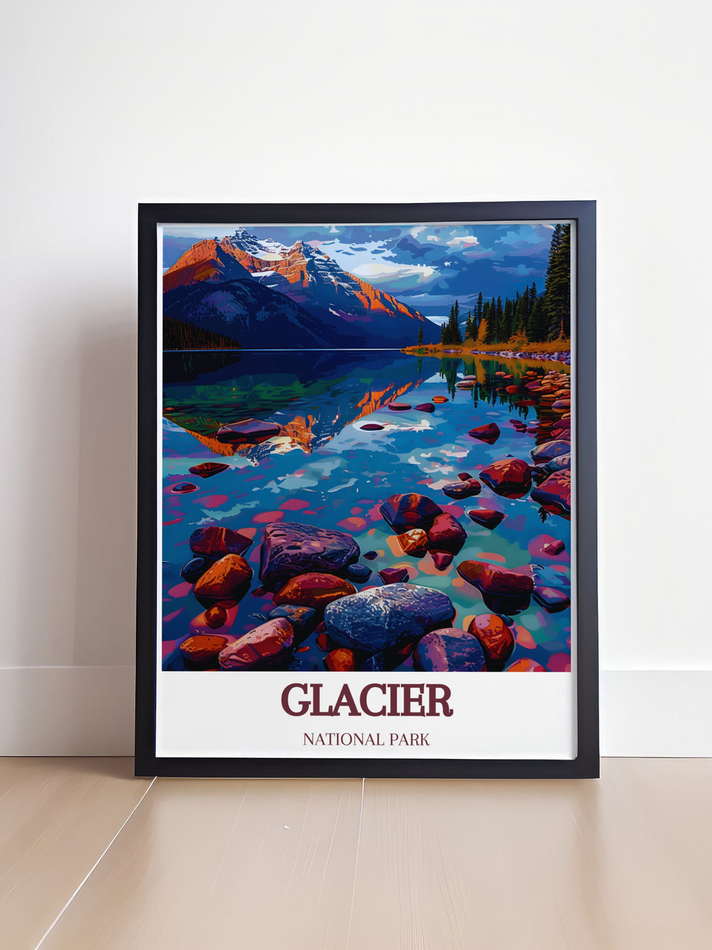 This artistic poster captures the stunning landscapes of Glacier National Park, highlighting its rugged mountains and pristine lakes. Ideal for nature lovers, this artwork brings the parks natural beauty into your home decor.
