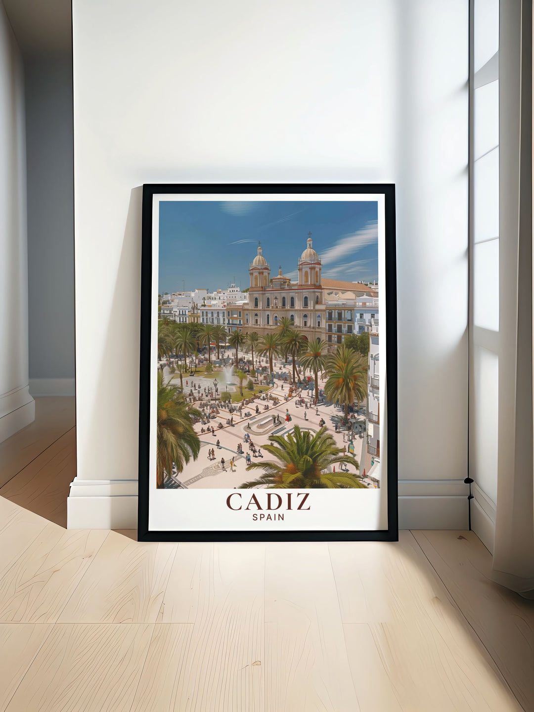 Plaza de San Juan de Dios modern prints showcase the vibrant energy of Cadiz. Perfect for any living space these Spain wall art pieces highlight the intricate architecture of the square making them a beautiful addition to your home decor and a great travel gift.