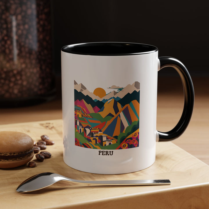 A beautifully crafted Peru Mug highlighting the majestic Machu Picchu and the stunning Andean mountains. Perfect for travel enthusiasts, this mug is microwave-safe and dishwasher-safe, combining artistic beauty with practicality.