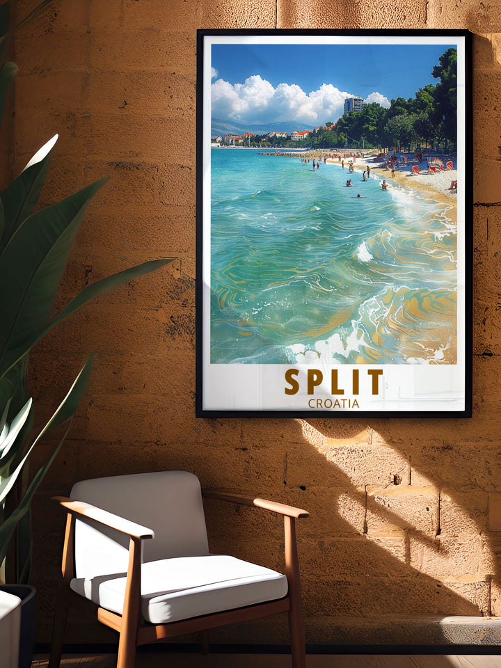 This Croatia Travel Poster offers a scenic view of Splits coastal charm. Featuring Bavice Beach and the citys historic architecture, this poster is ideal for anyone looking to add a touch of Croatias Adriatic beauty to their home. Perfect as a gift or personal keepsake.