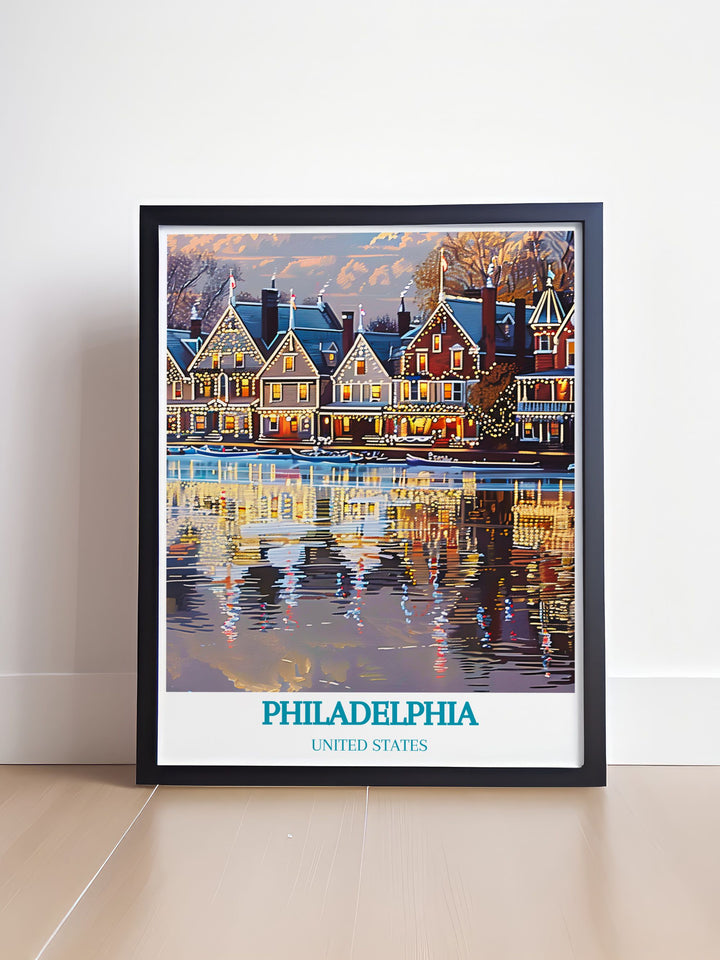 Experience the historic charm of Boathouse Row in Philadelphia with this detailed travel poster, highlighting the 19th century boathouses along the Schuylkill River, perfect for adding a touch of history to your home decor.