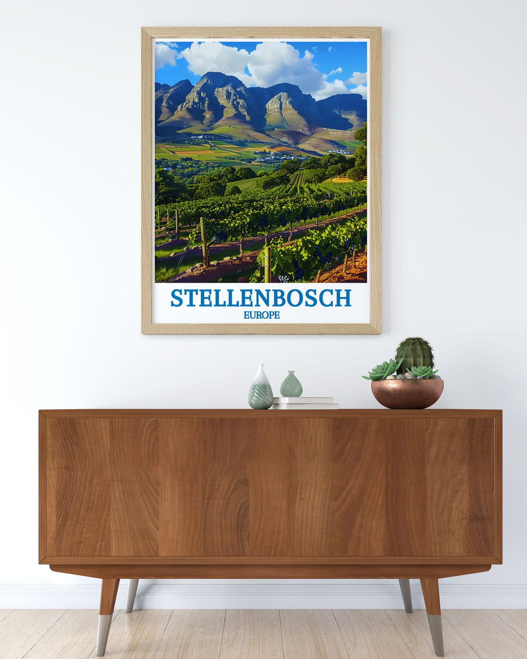 Discover the picturesque landscape of the Stellenbosch Wine Route with this exquisite travel poster, illustrating the rolling vineyards and Cape Dutch architecture.