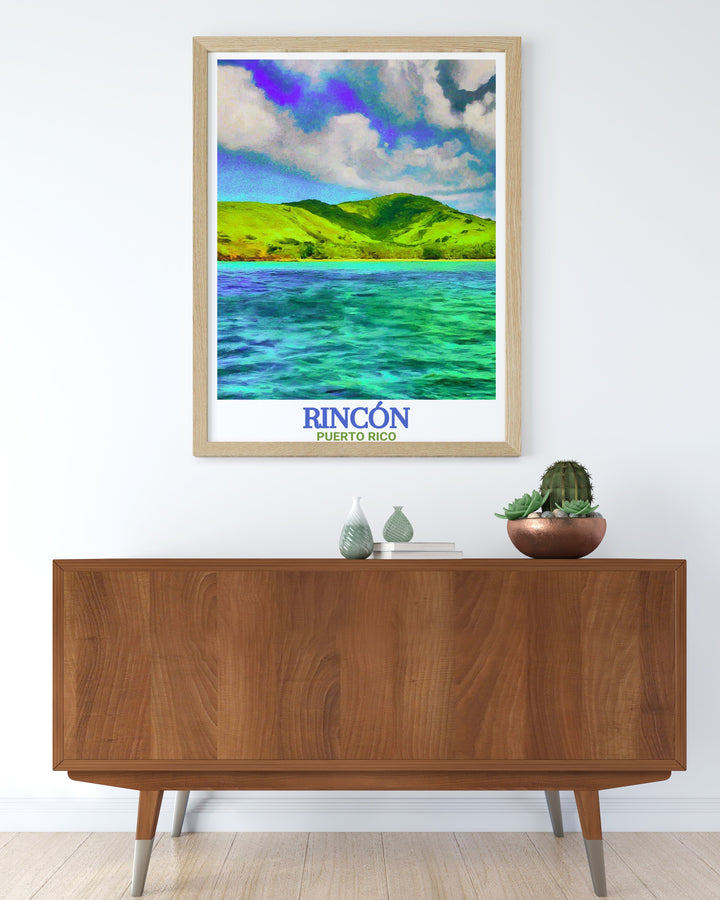 This art print captures the beauty of Rincón Beach, with its rolling waves and serene coastline, paired with a view of Desecheo Island. A perfect addition to any space, this travel poster brings the calming yet vibrant feel of California’s beaches into your home.