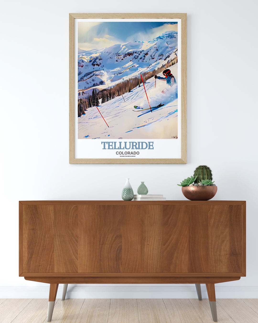 A detailed travel poster featuring Telluride Ski Resorts iconic peaks and village, perfect for those who love skiing or the outdoors. This vibrant wall art is a great way to bring the adventure of the Rockies into your home.