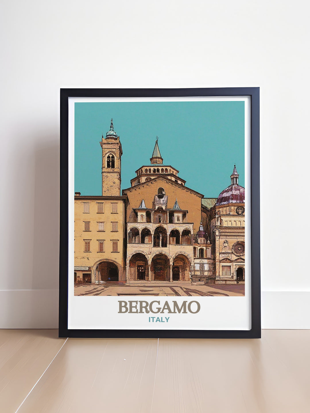 Captivating travel poster of Bergamos Piazza Vecchia. Showcasing the stunning architecture and vibrant culture of this historic square. Perfect for adding Italian charm to your home decor. High quality print on professional matt archive paper.