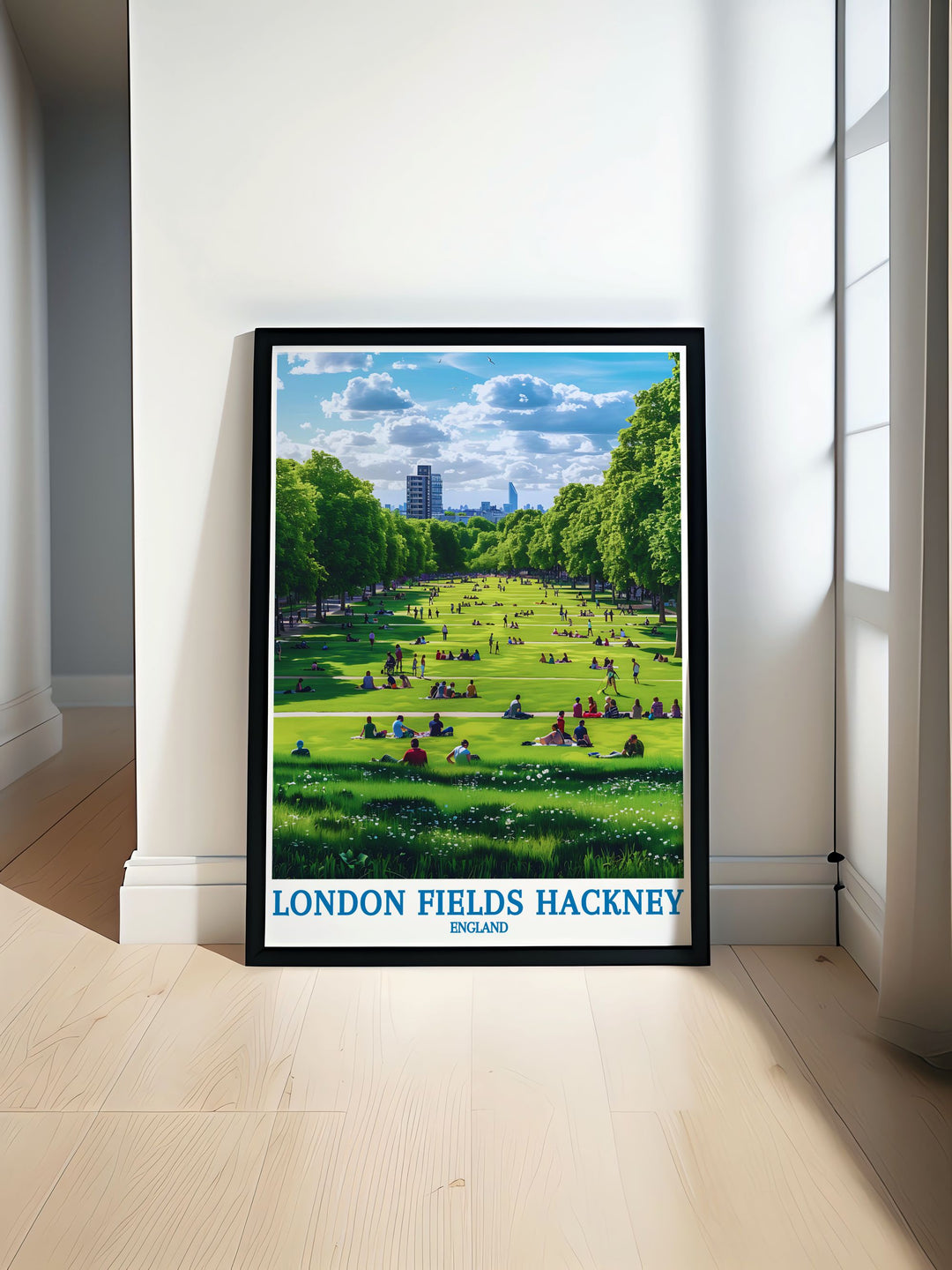Highlighting the vibrant scene of Hackney and the tranquil park of London Fields, this poster offers a stunning visual representation of East Londons diverse offerings, perfect for your wall decor.