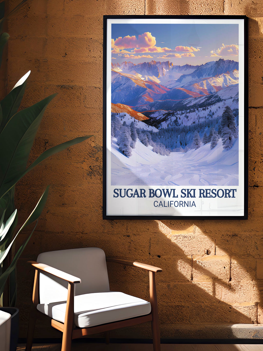 Modern Art of Sierra Nevada mountains captures the essence of skiing and snowboarding at Lake Tahoe perfect for any winter sports enthusiast