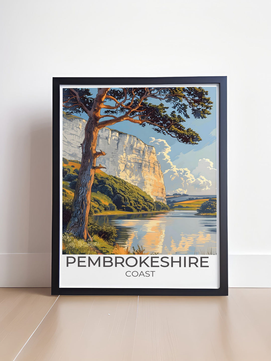 Retro travel poster of Stackpole Estate with an artistic depiction of the majestic Welsh countryside blending modern artistry with classic design ideal for adding a touch of nostalgia and elegance to your home decor.