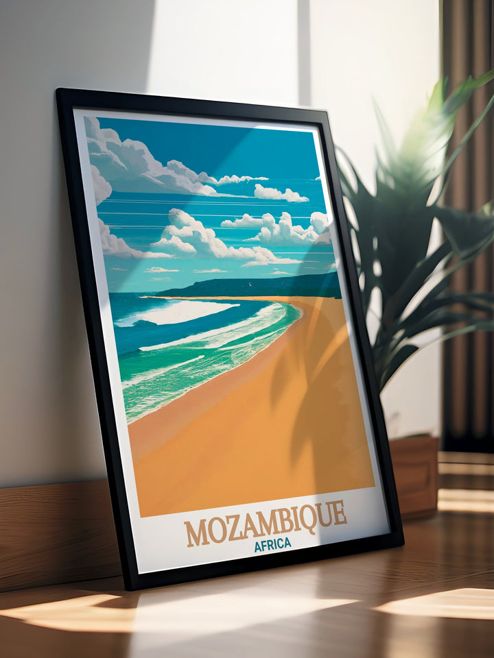 Tofo Beach Travel Print from Mozambique, highlighting the picturesque landscape of this renowned beach. The artwork features vivid details of Mozambiques azure waters, making it a perfect piece for nature lovers and those seeking coastal serenity in their home decor.