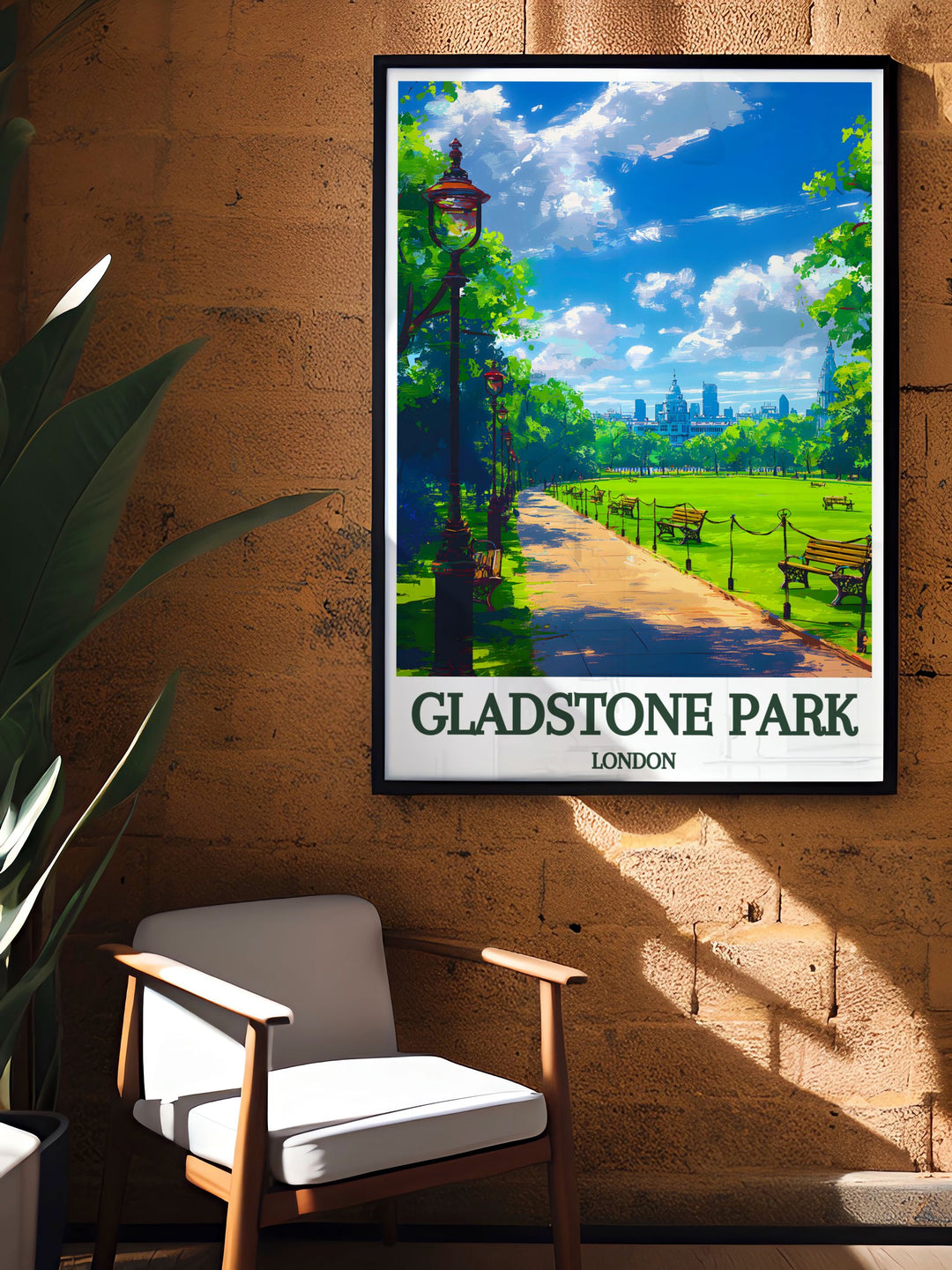 A beautiful gallery wall art of Gladstone Park, showcasing its expansive green spaces and historic elements, great for adding a touch of natures tranquility to any decor.