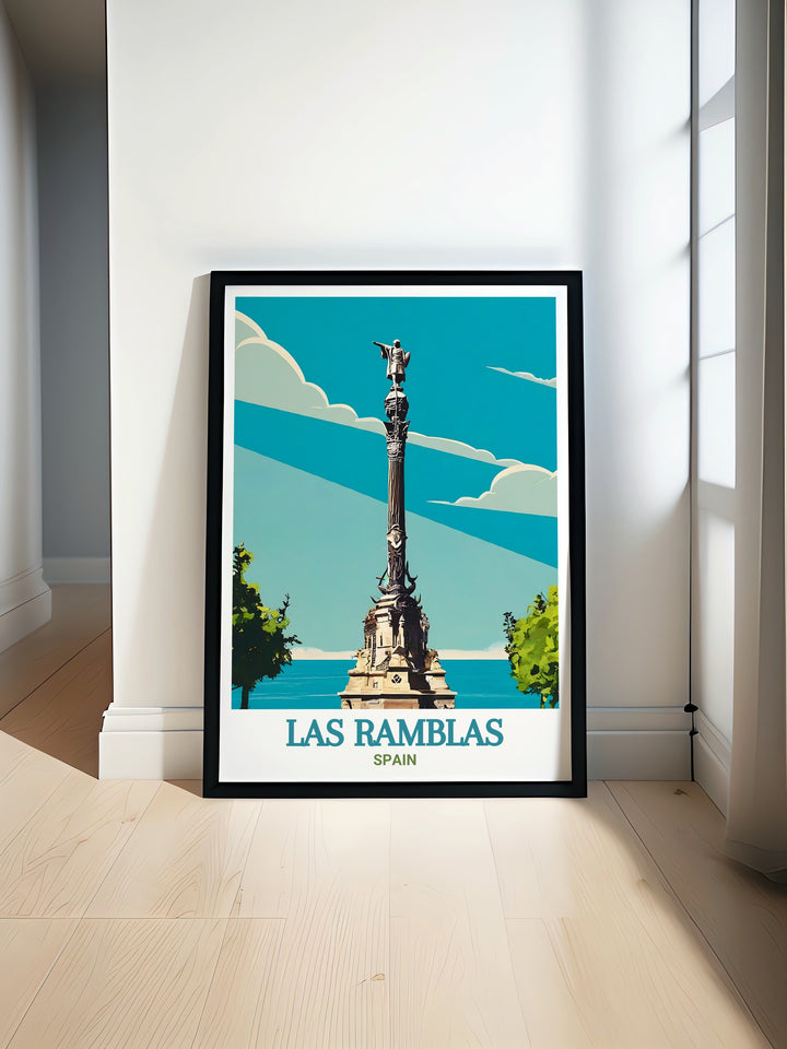 Discover the charm of Las Ramblas with this Spain travel poster, offering a detailed portrayal of Barcelonas most famous street. The perfect artwork for anyone who loves the dynamic energy of Spanish cities.