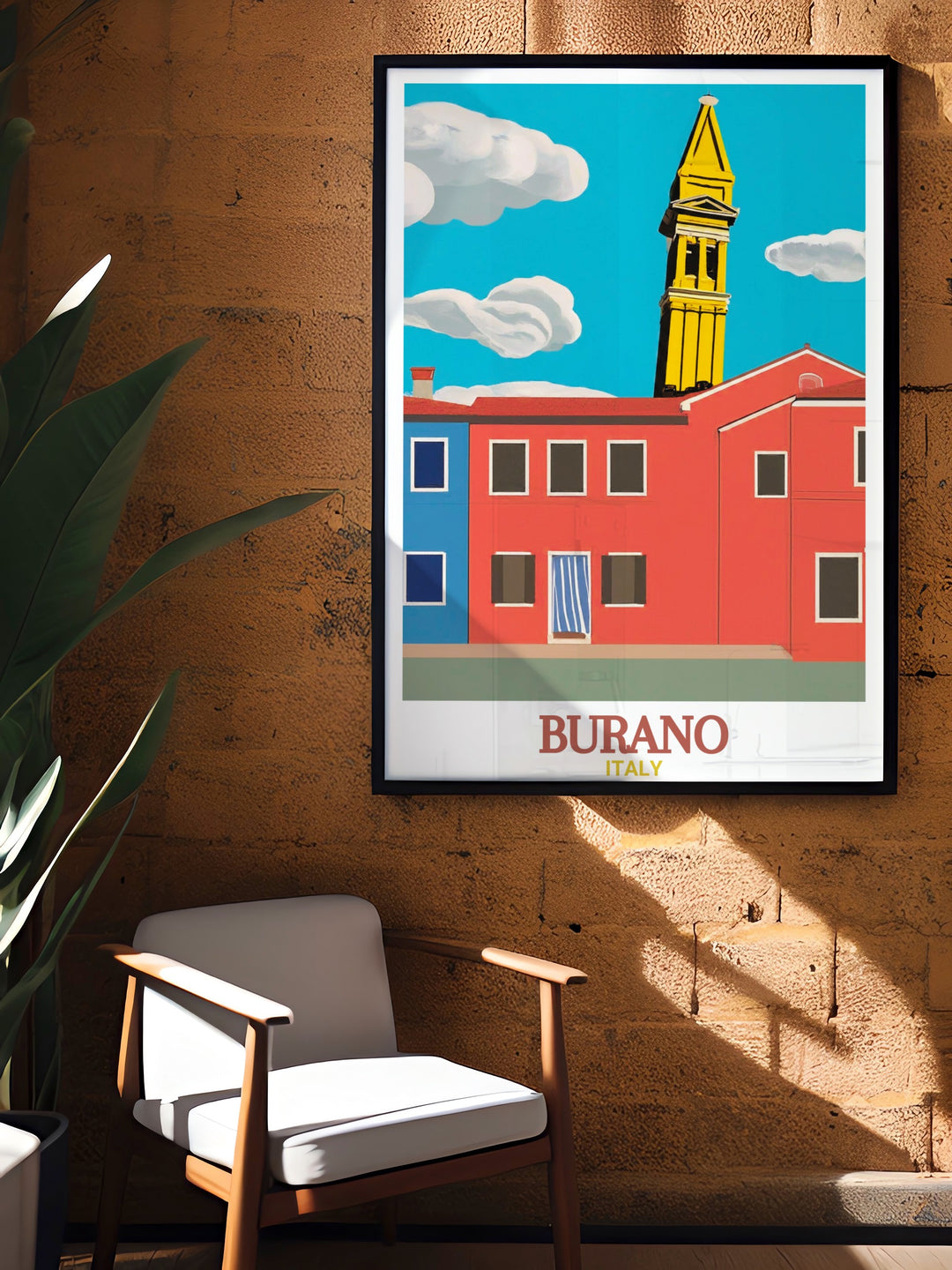Elegant Burano Print featuring the iconic Burano skyline and the San Martino Church. This wall art is perfect for those who appreciate both vibrant cityscapes and historical architecture.