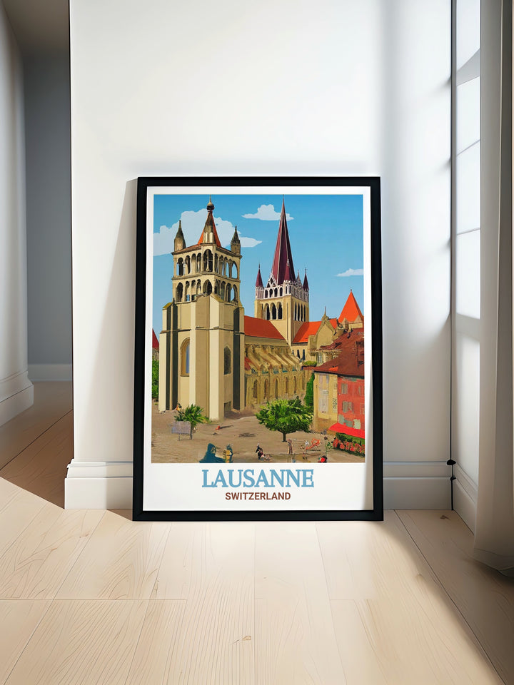 Add a touch of Swiss charm to your decor with this wall art of Lausanne, offering a detailed portrayal of the citys historic streets and stunning cathedral.