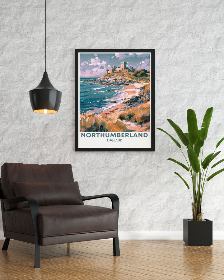 Seahouses wall art depicting the picturesque harbor village alongside the iconic Bamburgh Castle. This retro railway print captures the timeless beauty of North Northumberland and is a perfect addition to any art collection.