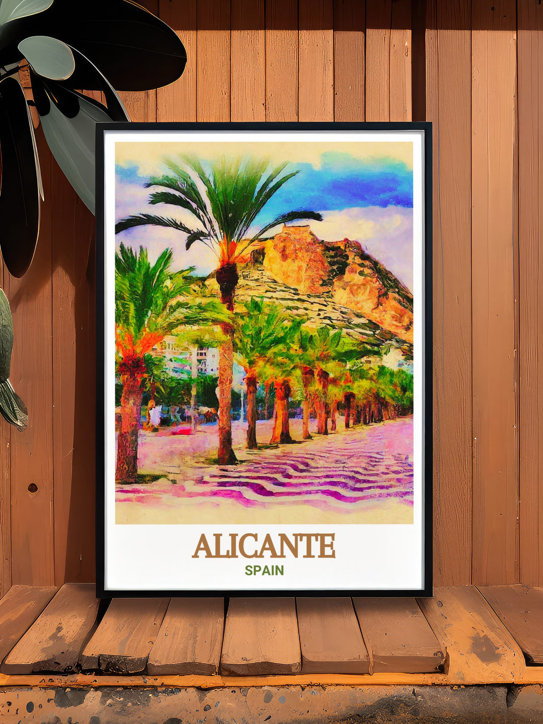 Alicante travel poster featuring the iconic Explanada de España. Perfect for art lovers and travel enthusiasts, this print captures the vibrant atmosphere and architectural beauty of Alicantes beloved promenade. Bring the charm of Alicante into your home.